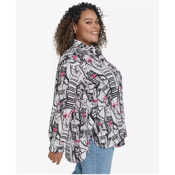 Women's Plus Size Karl Lagerfeld Paris Printed Collared Button-Front Shirt Size - Picture 6 of 8